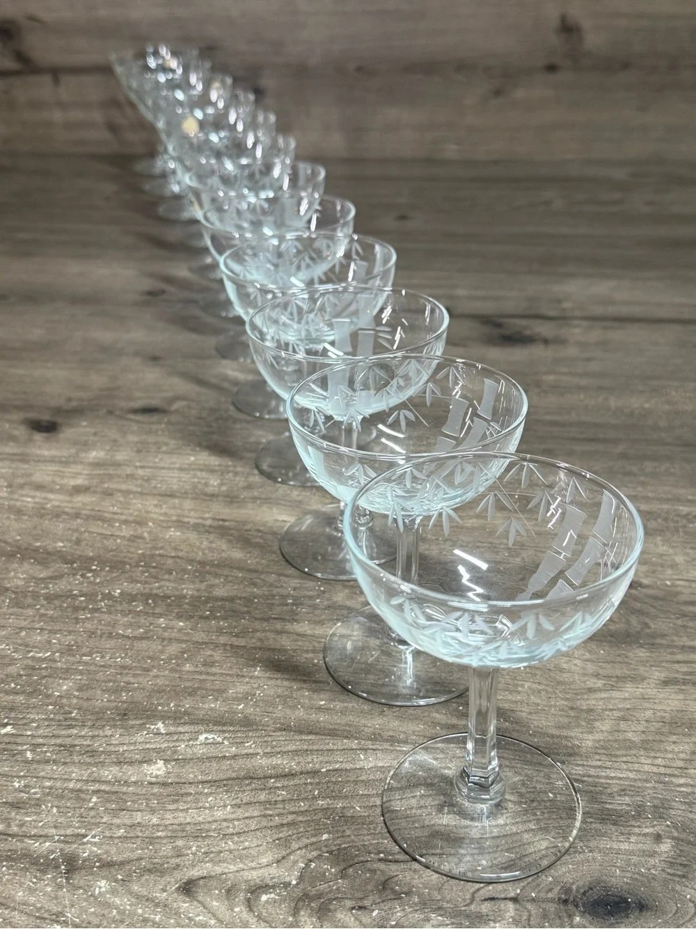 (12) Vintage Noritake Sasaki Bamboo Etched Glassware Champagne Coupes Set 12
